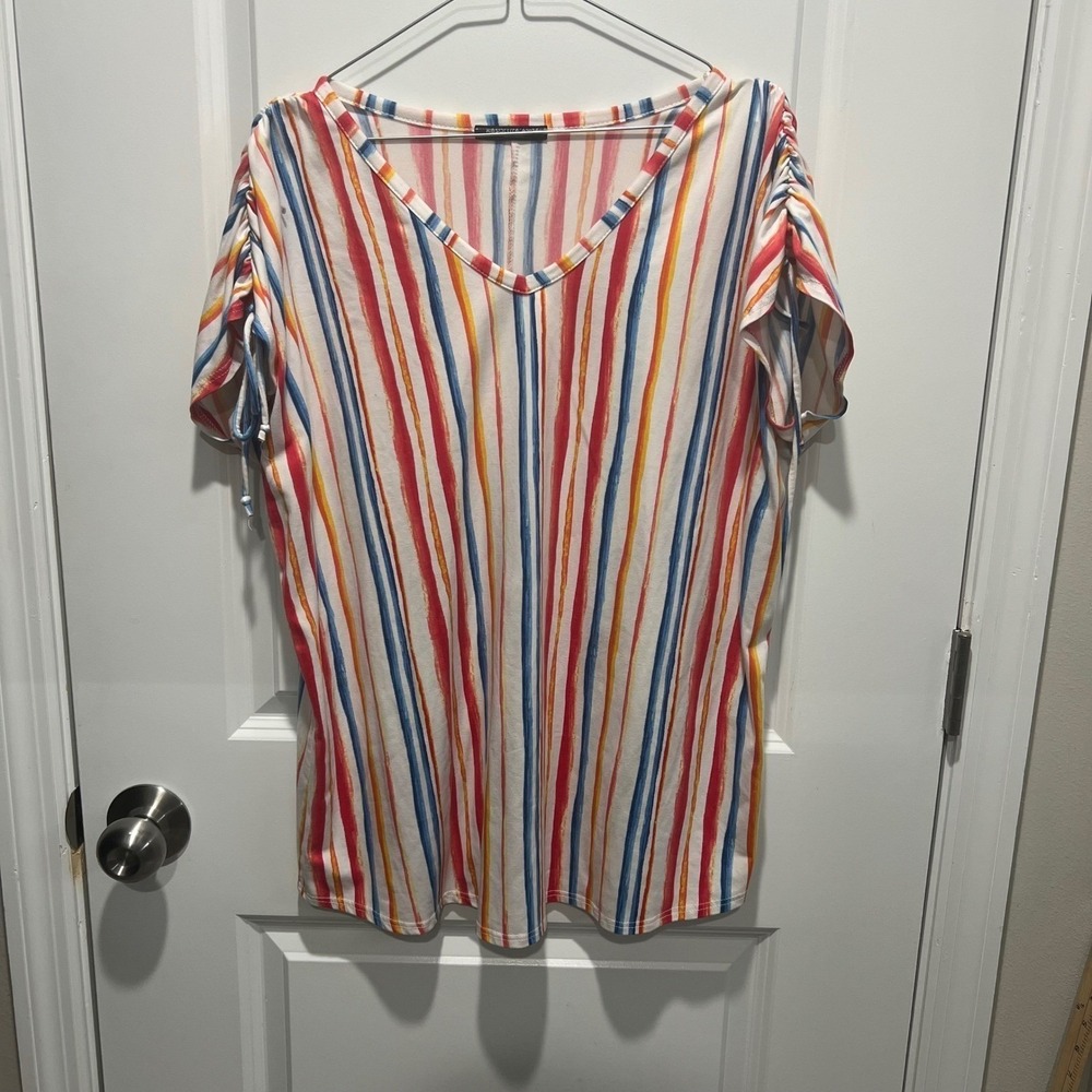 Absolute Angel Womens Top Ruched Tie Sleeve Striped Multi Color 2XL